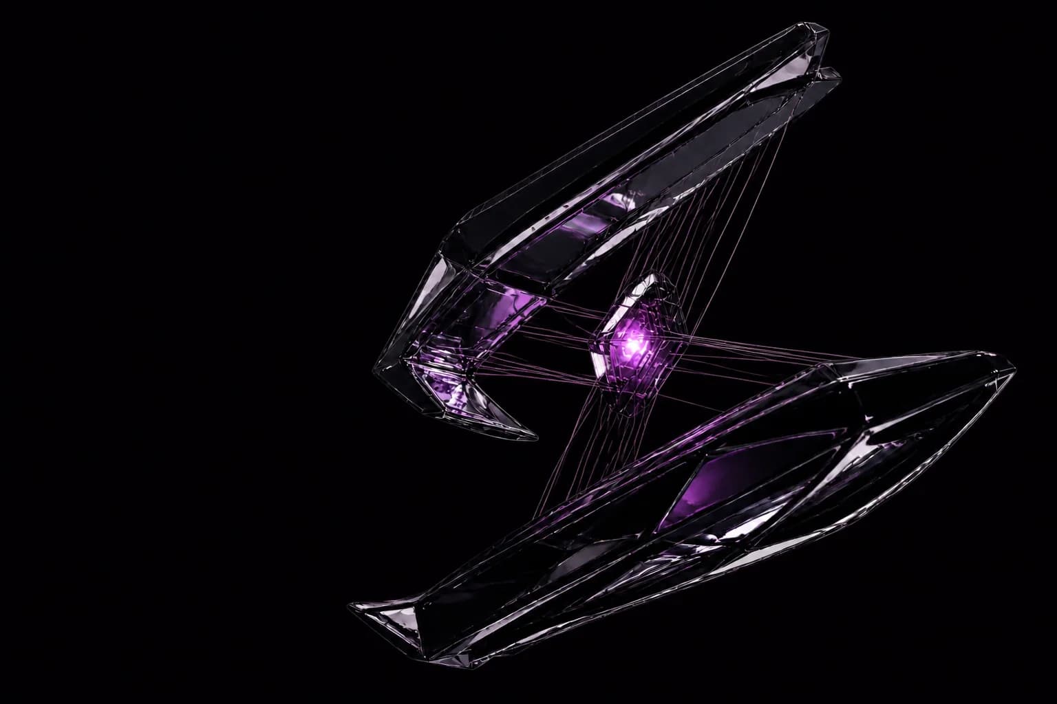 Due strutture aperte in vetro nero e chrome tengono sospeso un nucleo luminoso viola.